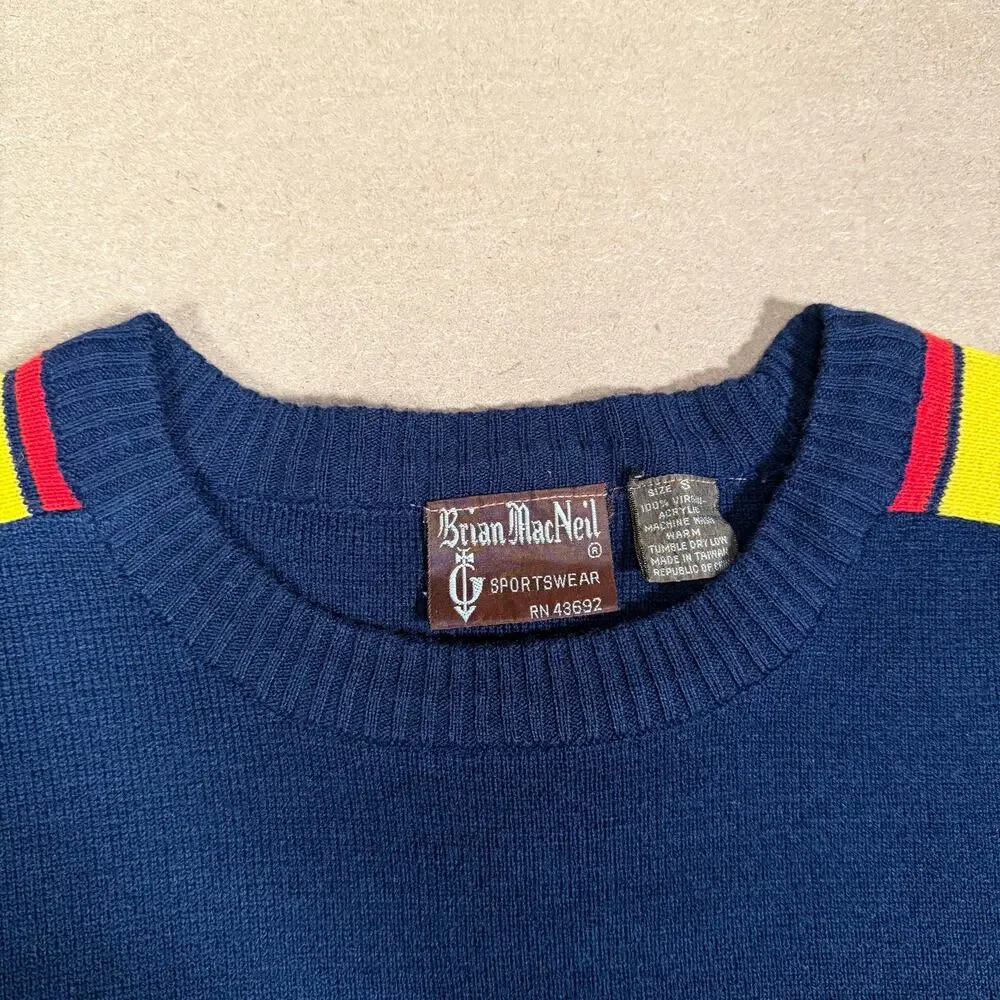 Vintage 80s Color Block Acrylic Sweater Navy Red Yellow Size S Made in Taiwan